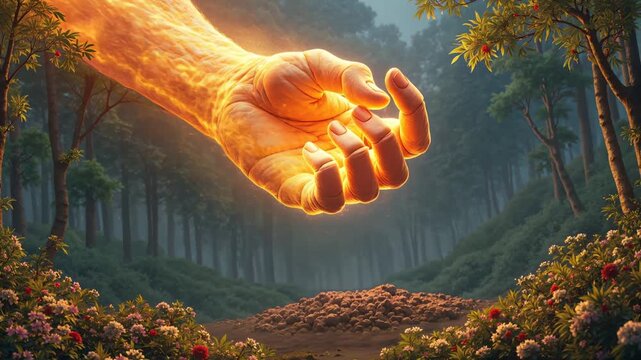 An illustration of God's hand reinvigorating divine light upon the ground to form Adam the man.