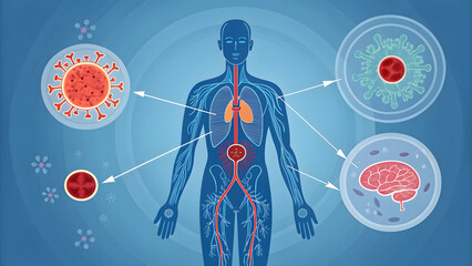Stylized Infographic of Human Immune System Defense and Viral Attack The Body's Battleground Conceptual Visualization of Infection and Cellular Response