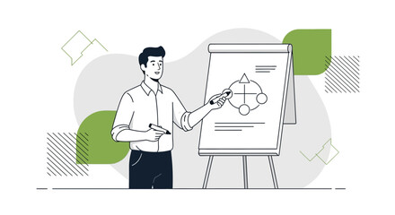 Presenter Explaining Strategy Using Chart On Whiteboard With Illustration and Outline Style