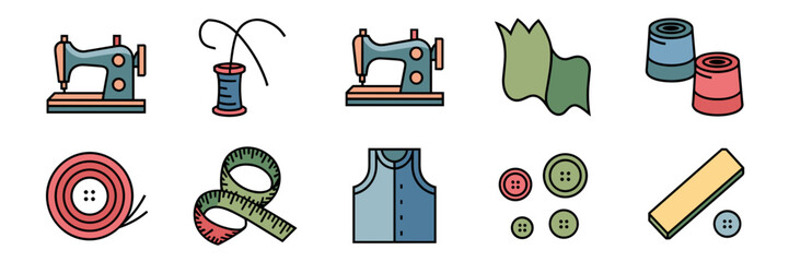 Vector icon sheet of tailor shop with sewing machine, thread, fabric roll, buttons, tape, and chalk in minimal style