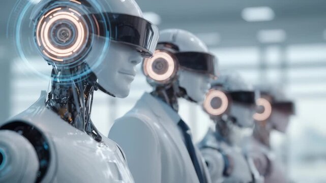 Group sleek humanoid robots equipped with virtual reality visors, illuminated circuits are lined up in bright, futuristic office. Scene highlights innovation in robotics, artificial intelligence