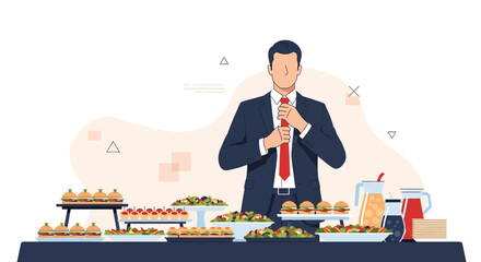 Professional Man Adjusting Tie Near Culinary Spread At A Gathering Or Social Event Illustration