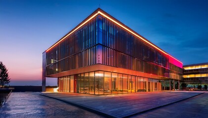 Fototapeta premium modern building facade at dusk with vibrant lighting