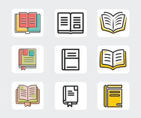 Book icon set education and learning vector illustration of books open closed stacked collection