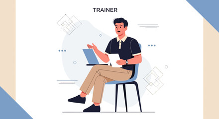 Professional Trainer Giving Presentation While Sitting and Using Technology With Enthusiasm