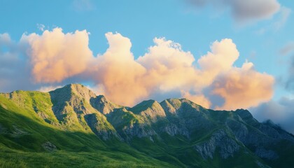 Obraz premium The image shows a picturesque landscape featuring a mountain range with lush green slopes and a sky filled with vibrant, orange-hued clouds at sunset.