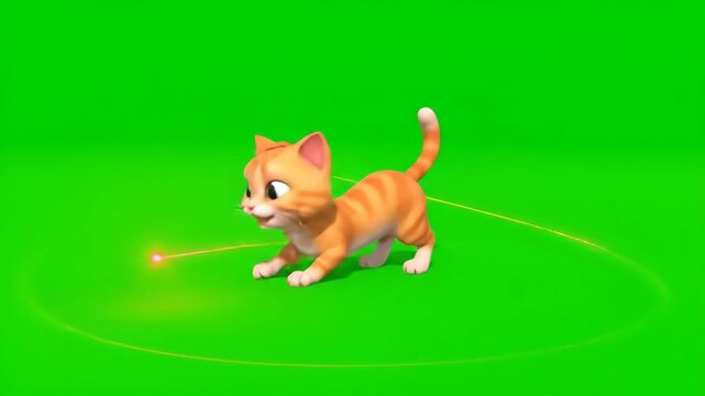 Cartoon Cat Chasing Laser Pointer on Green Screen - A cartoon cat is crouched low to the ground and chasing a red laser pointer dot. The cat is on a green chroma key background.