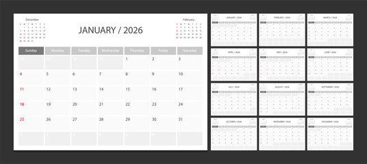 Calendar 2026 week start Sunday corporate design planner template.