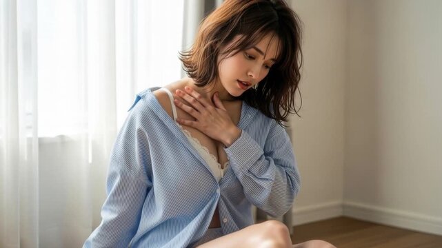 部屋の中でシャツを羽織り物憂げな表情でうつむく女性
