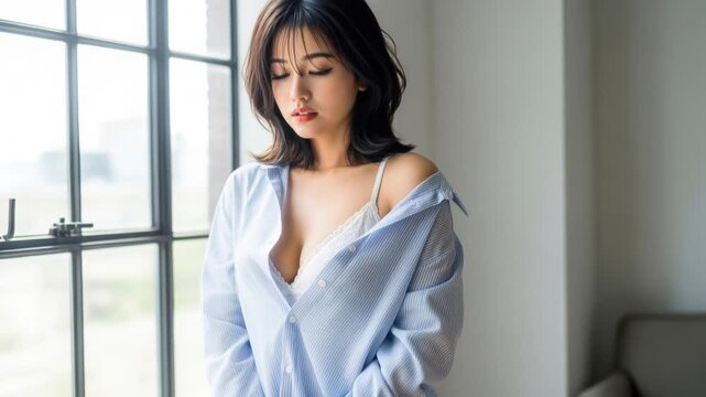 窓際に立ちシャツをはだけてこちらを見つめるセクシーな女性