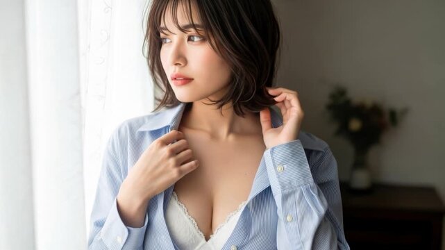 窓際でシャツの襟を掴みアンニュイな表情で外を見る女性