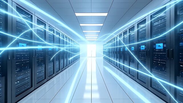 Server Room with Data Cables and Network Equipment Illuminating the Central Aisle in a Clean Industrial Interior - Powered by Adobe