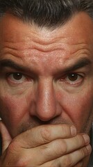 Intense middle aged man with a serious expression covering his mouth.