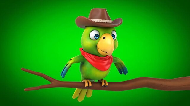Cartoon Parrot Cowboy on Green Screen - A cartoon parrot wearing a cowboy hat and red bandana sits on a branch against a green chroma key background. The colorful bird appears ready for animation.