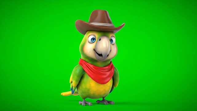 Cartoon Parrot Cowboy on Green Screen - A 3D video depicts a cartoon parrot wearing a cowboy hat and a red bandana on a green chroma key background. The cartoon parrot is a colorful bird.