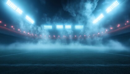 The illustration shows a soccer field at night with bright stadium lights and fog on the field.