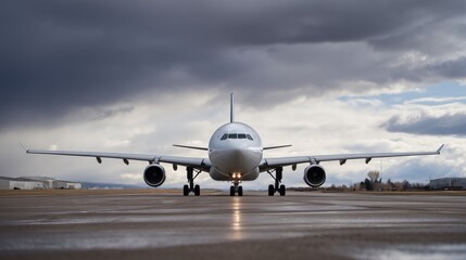 Naklejka premium Airplane standing on wet tarmac at airport with storm clouds approaching