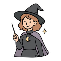 Cute cartoon magic girl in a wizard hat and cape holding a magic wand. Hand-drawn pastel doodle illustration, perfect for stickers, posters, cards, fantasy designs and creative projects.
