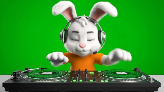 Cartoon Rabbit DJ on Turntables - A cartoon white rabbit wearing headphones and an orange shirt is shown DJing on turntables, against a bright green chroma key background.