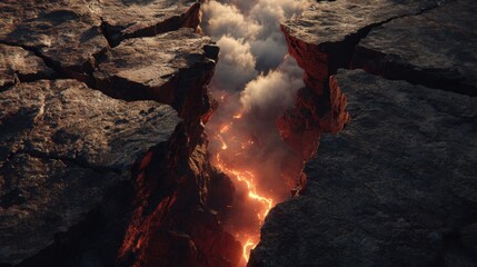 Witness the powerful beauty of a dramatic cracked earth chasm with glowing molten lava and atmospheric clouds