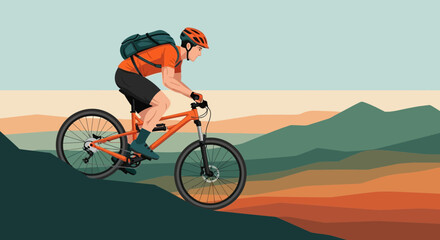 Naklejka premium Man Riding a Mountain Bike Across Hills Illustration in Illustration for Adventure