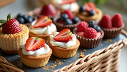 Sweet cupcakes adorned with fresh fruit on display, tempting treats ideal for any celebration. Cupcakes present sweet delight with their mix of strawberries, raspberries, and blueberries,