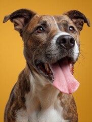 Close-up of a happy brown and white dog with its tongue out against a yellow background. The image conveys joy, playfulness, and the bond between pets and people.