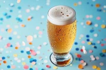 A tall glass of cold beer with foam and condensation stands against a festive background with confetti. The image symbolizes refreshment, celebration, and party atmosphere.