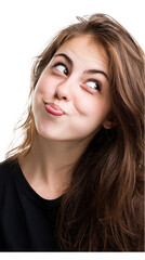Fototapeta premium Young woman making a funny cross-eyed silly face isolated on transparent background.