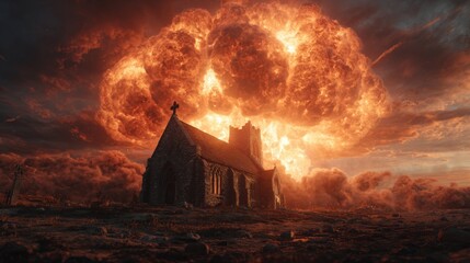 Apocalyptic scene featuring an old church against a fiery sky, perfect for conveying disaster, resilience, or fantasy themes with dramatic flair