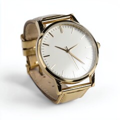 Luxury gold wristwatch with leather strap isolated on white