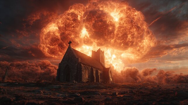 Apocalyptic scene featuring an old church against a fiery sky, perfect for conveying disaster, resilience, or fantasy themes with dramatic flair