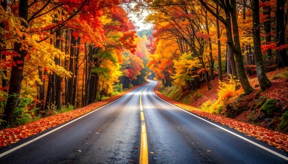 Obraz premium A picturesque autumnal road winds through a vibrant forest ablaze with fall colors.