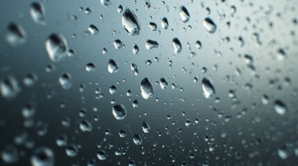 Stunning rain droplets clinging to glass create a dreamy, abstract background with cool, calming colors for a peaceful, reflective mood
