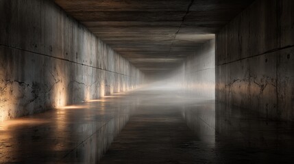 Eerie concrete tunnel vanishing into misty light, perfect for suspenseful scenes, industrial backdrops, or mysterious narratives that captivate viewers