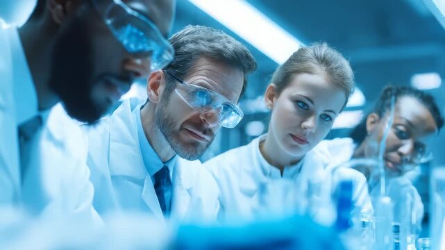 Four scientists of different backgrounds work closely in a modern laboratory, examining experiments and discussing results. The team demonstrates innovation, teamwork, and scientific progress - Powered by Adobe