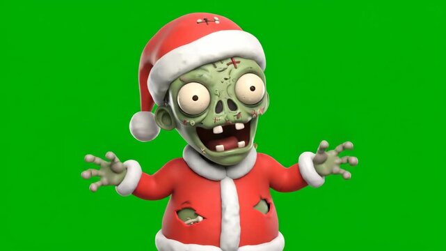 Cartoon Zombie Santa Singing Christmas Carols - A cartoon zombie character is wearing a Santa suit and hat on a green chroma key background.