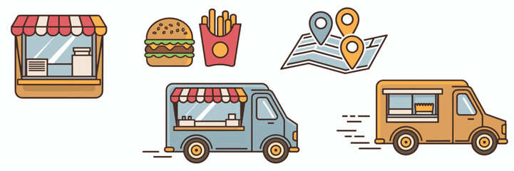 Vector icon sheet of food truck elements with window service fast food items location pins and wheels in motion