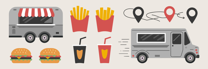 Vector icon sheet of food truck with window service fast food items location pins and wheels in motion clean style