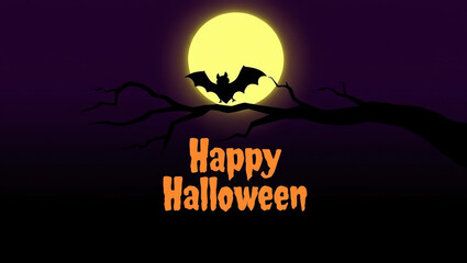 Happy halloween text with bat and full moon night