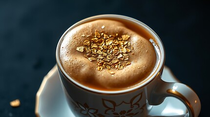 Close up of a cup of coffee with gold flakes on top and a decorative cup and saucer on a dark background