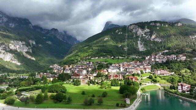 Molveno village nestled in the Dolomites, Italy Alps