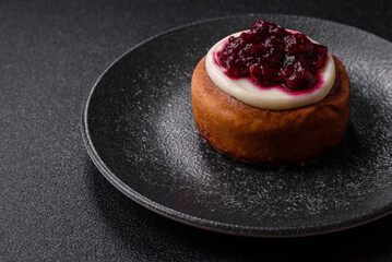 Cinnamon roll, a sweet bun with citrus, cherries, and chocolate, a Danish dessert with cream