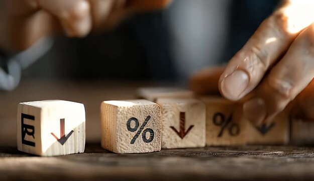 Wooden Blocks Arranged with Percentage and Decrease Symbols on Wooden Surface for Financial Theme