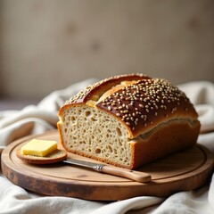 It's a loaf of sourdough bread on a wooden board with a pat of butter.