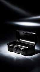 Sleek open black protective hard case under a spotlight.