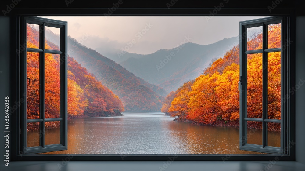 Wall mural autumn view through an open window showcasing a serene lake surrounded by mountains adorned with fal