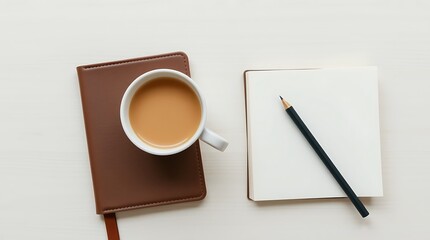 Overhead shot of coffee cup on brown notebook with pencil and notepad on a white surface