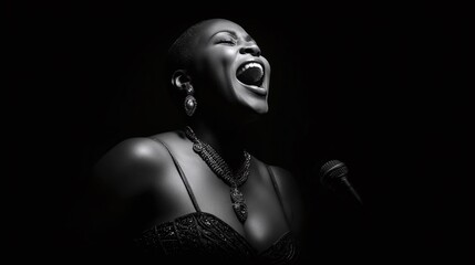 Passionate Performer: Soulful Artist in Black and White. Singing with raw emotion in front of a microphone, a captivating moment on stage.