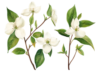 Delicate white trillium flowers and green leaves isolated on transparent background